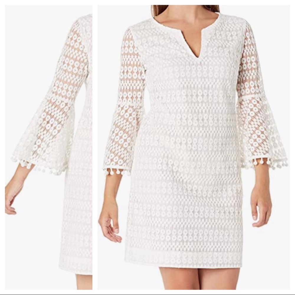 NWT TRINA TURK 4 White Beaded Tassel Bell Sleeve Shift Dress